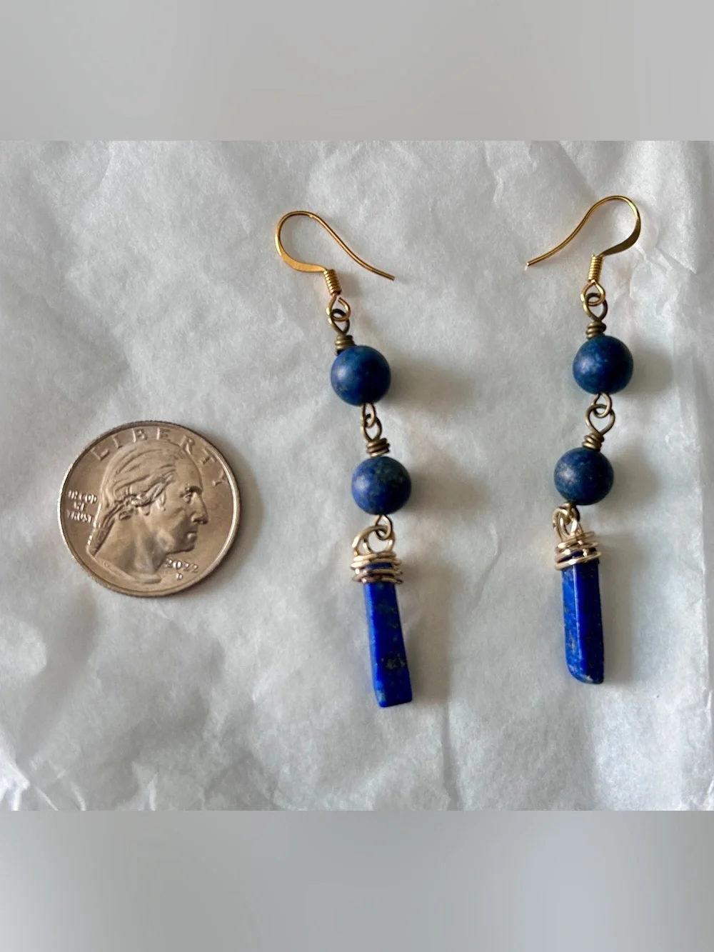 Blue Lapis Drop Earrings - Gold Wire Wrapped
